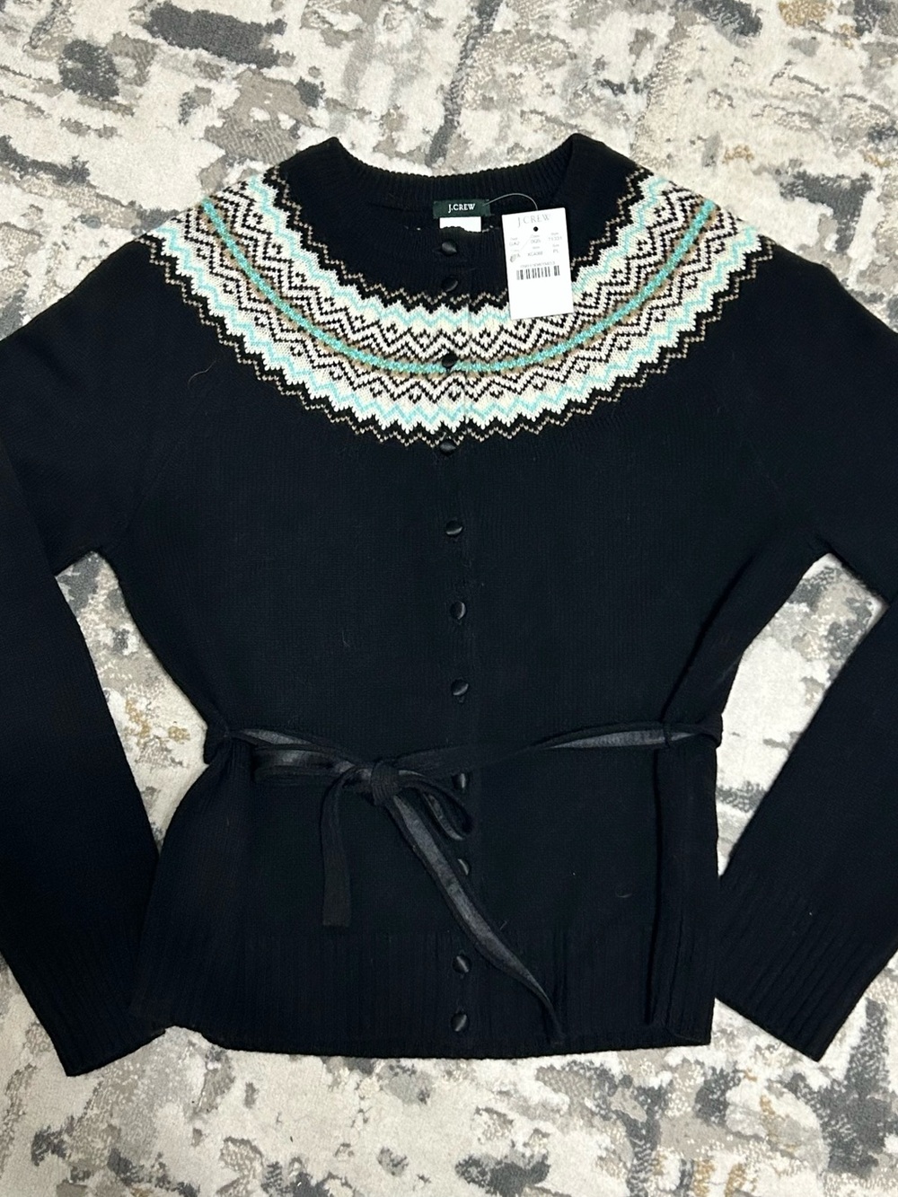 J. Crew Black Fair Isle Yoke Cardigan with Mint and Brown Accents